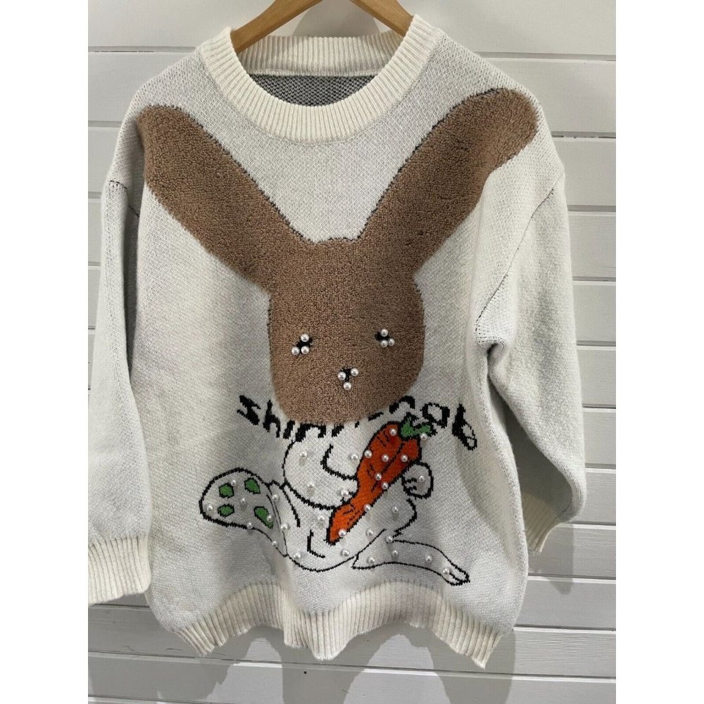 Women cartoon bunny letter 3d peal Oversized mock M L white gray Jacquar sweater